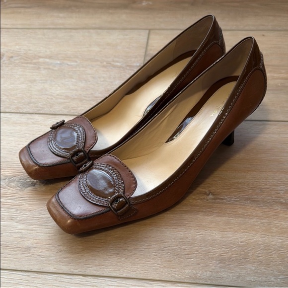 Cole Haan Brown Leather Pumps Brown Buckle Kitten Heel Women Shoes - Picture 14 of 16
